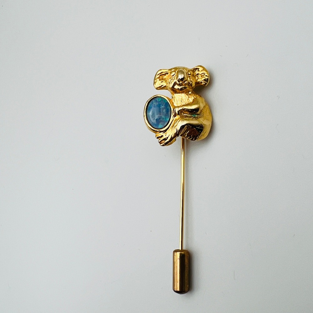 Vintage Koala Bear Stick Pin Gold Tone Blue Faux Opal Animal Lapel Pin